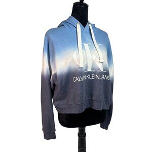Calvin Klein Jeans Cropped Hooded Sweatshirt Drawstring Size Medium Blue and whi